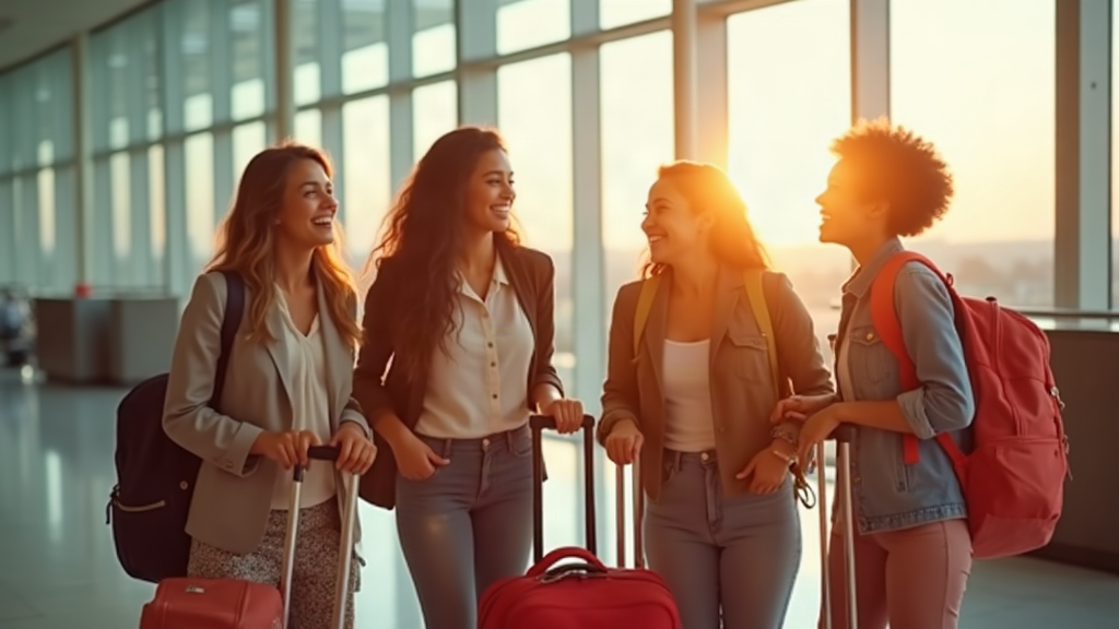 Travelers laughing together after landing a great deal